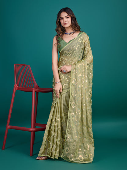 Henna Green Self-Pattern Embroidered Saree