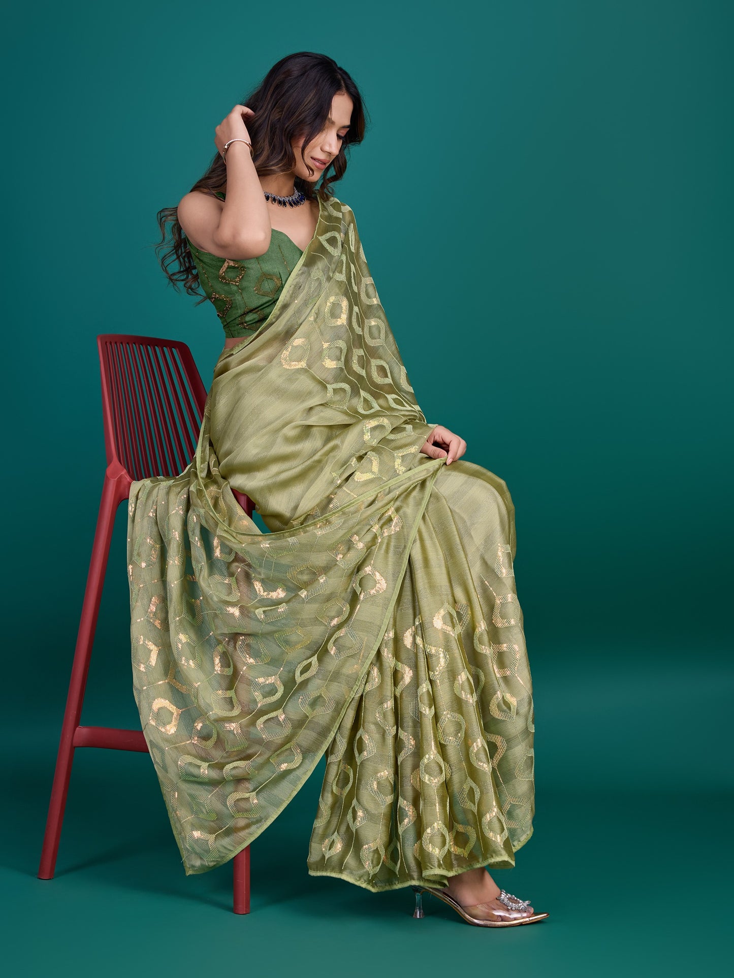 Henna Green Self-Pattern Embroidered Saree