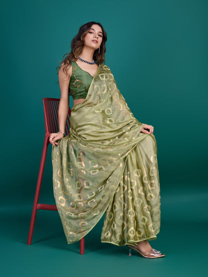 Henna Green Self-Pattern Embroidered Saree