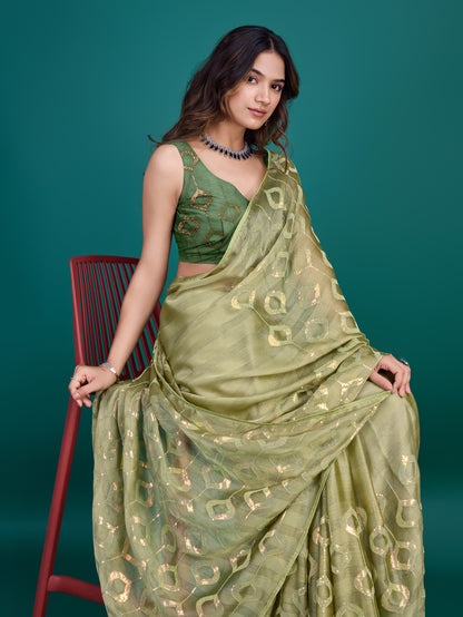 Henna Green Self-Pattern Embroidered Saree