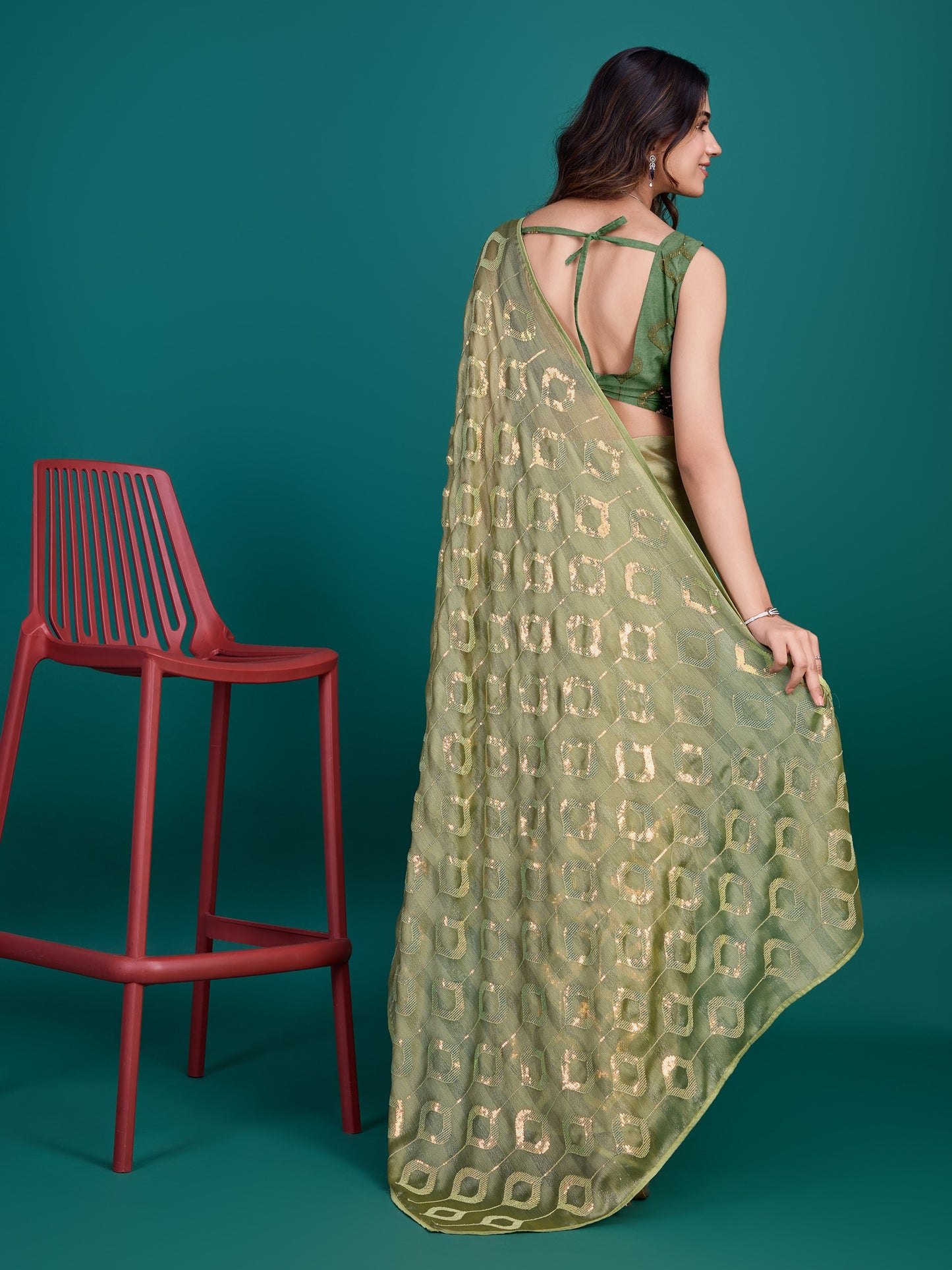 Henna Green Self-Pattern Embroidered Saree