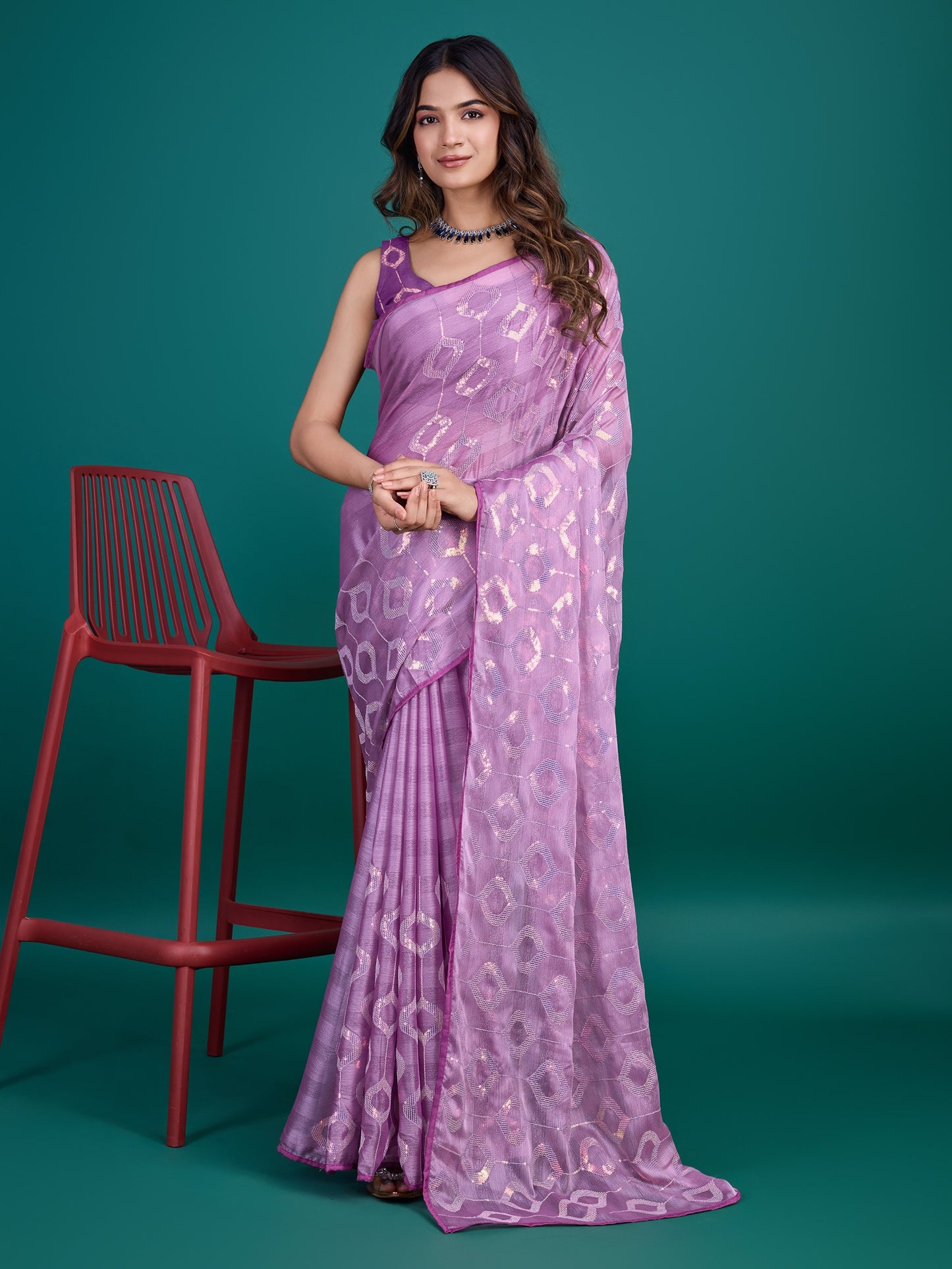 Purple Self-Pattern Embroidered Saree