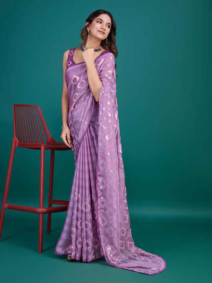 Purple Self-Pattern Embroidered Saree