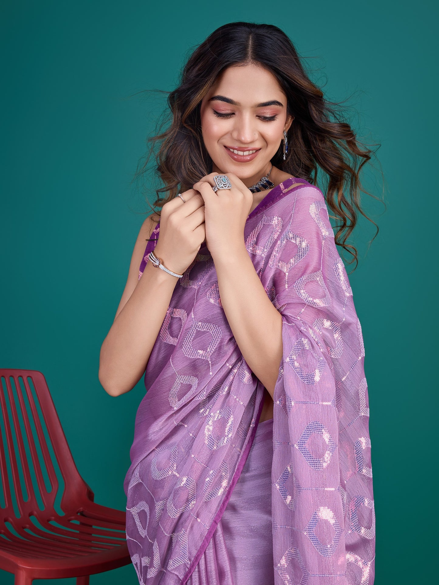 Purple Self-Pattern Embroidered Saree