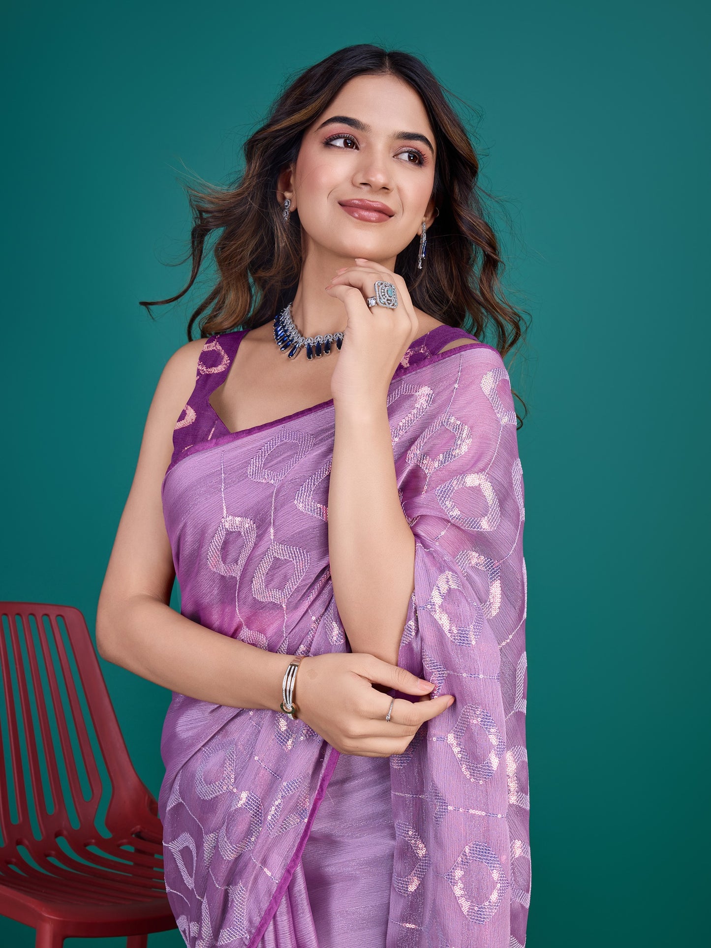 Purple Self-Pattern Embroidered Saree