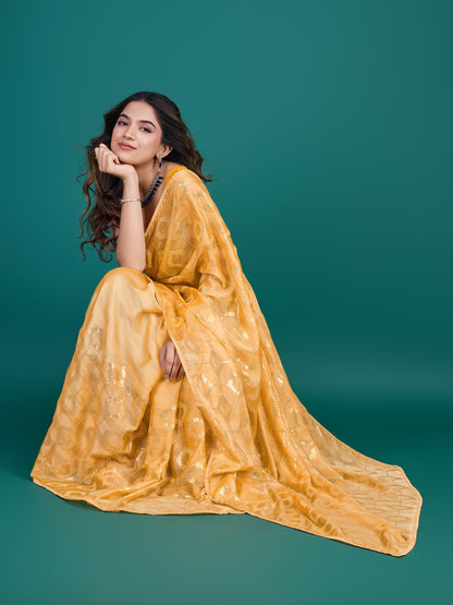 Mango-Colored Self-Pattern Embroidered Saree