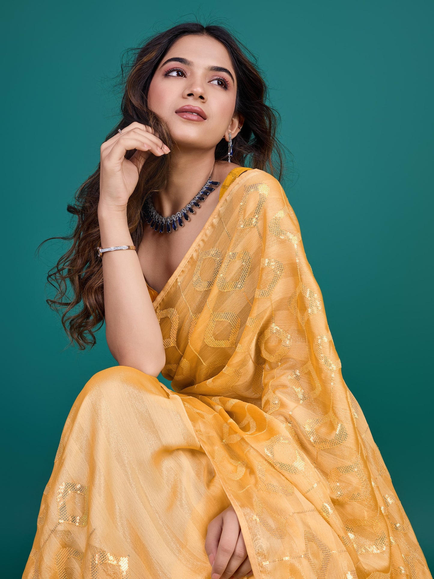 Mango-Colored Self-Pattern Embroidered Saree