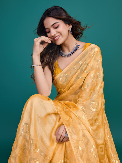 Mango-Colored Self-Pattern Embroidered Saree