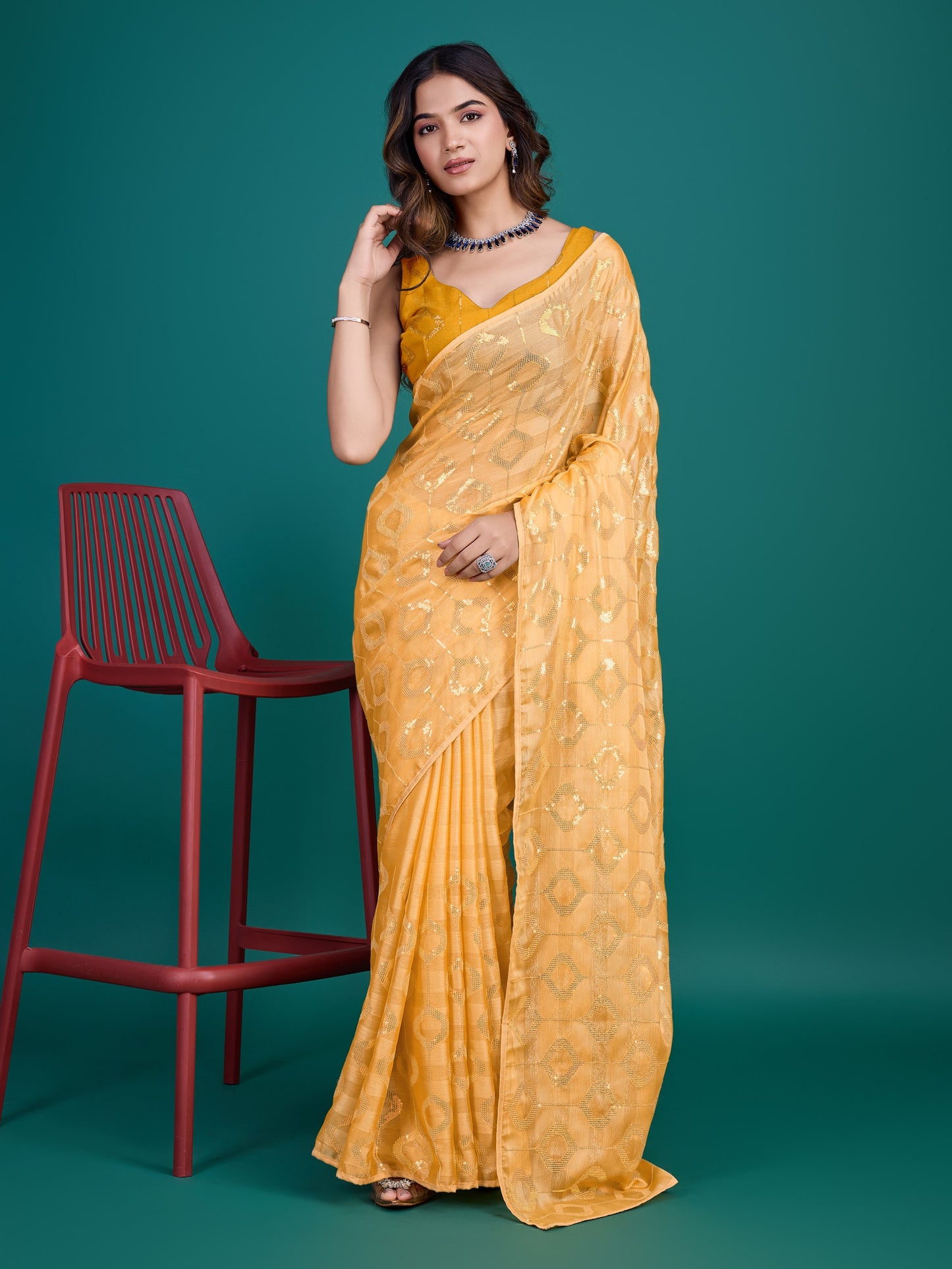 Mango-Colored Self-Pattern Embroidered Saree