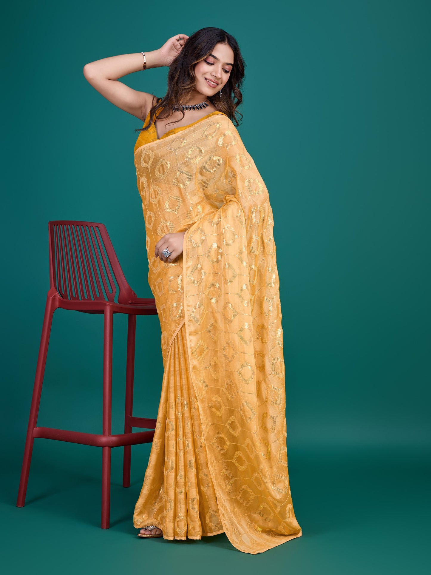 Mango-Colored Self-Pattern Embroidered Saree