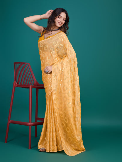 Mango-Colored Self-Pattern Embroidered Saree