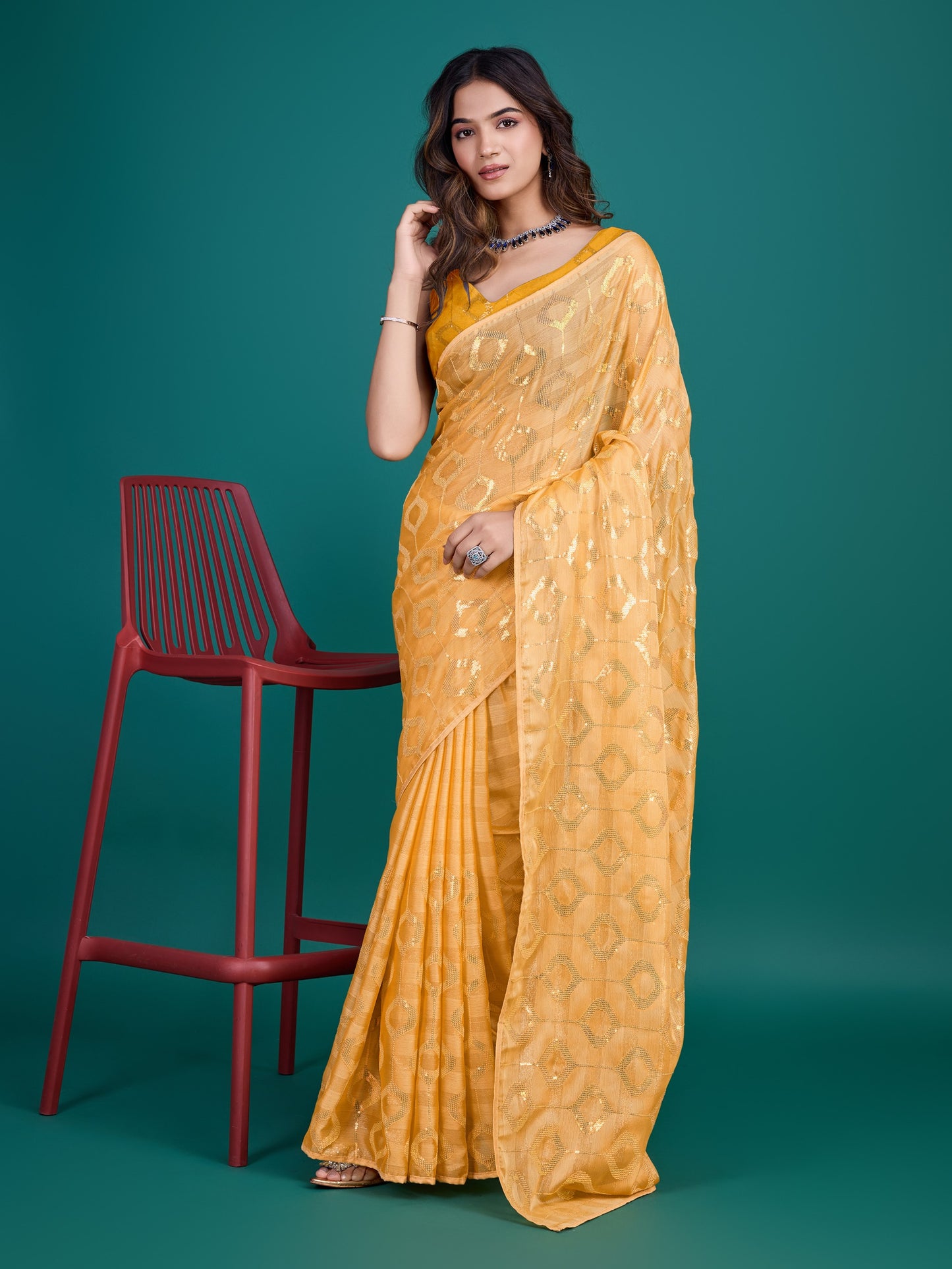 Mango-Colored Self-Pattern Embroidered Saree