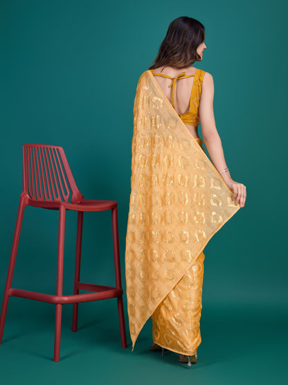 Mango-Colored Self-Pattern Embroidered Saree