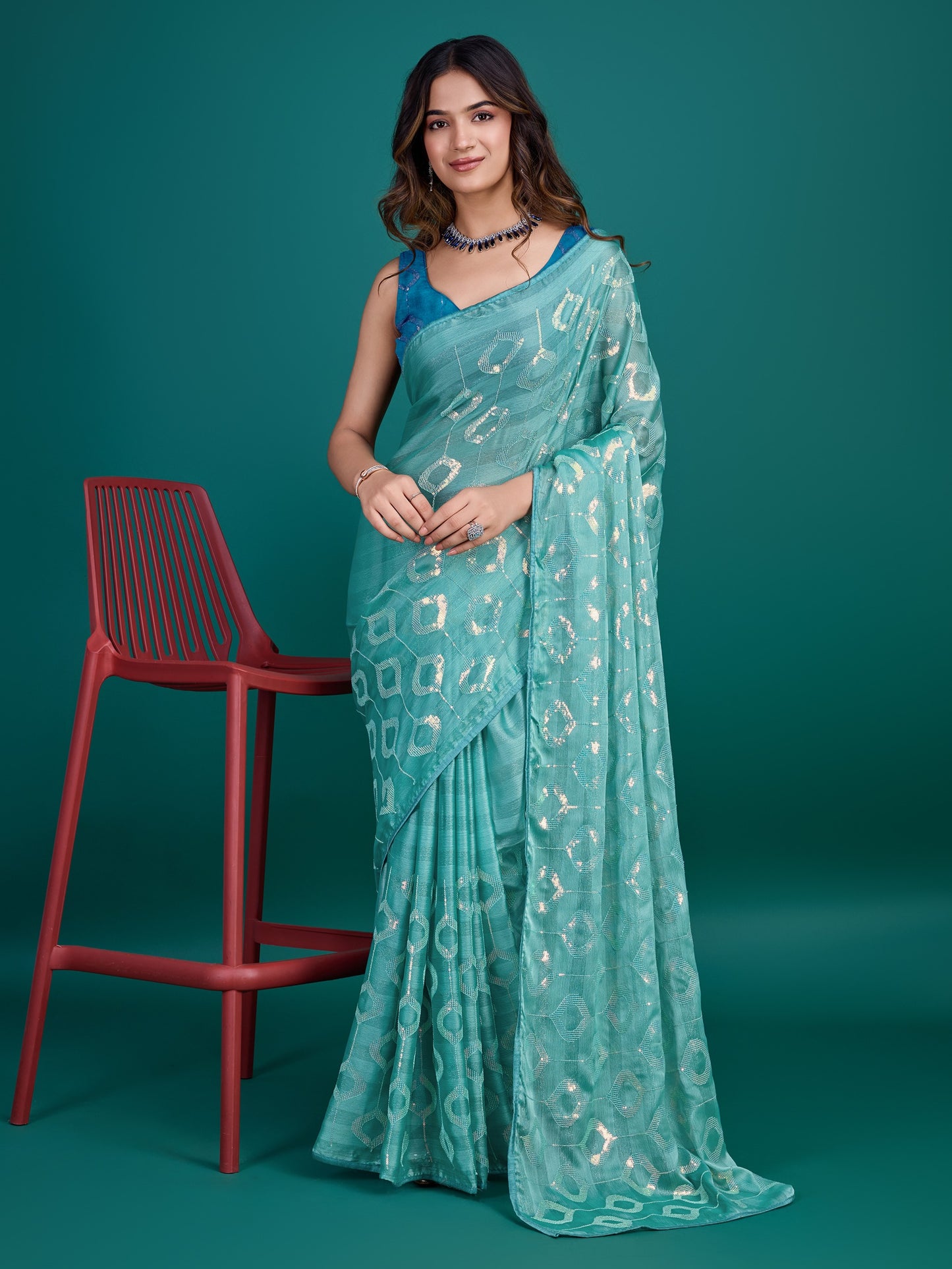 Ocean Blue and Green Self-Pattern Embroidered Saree