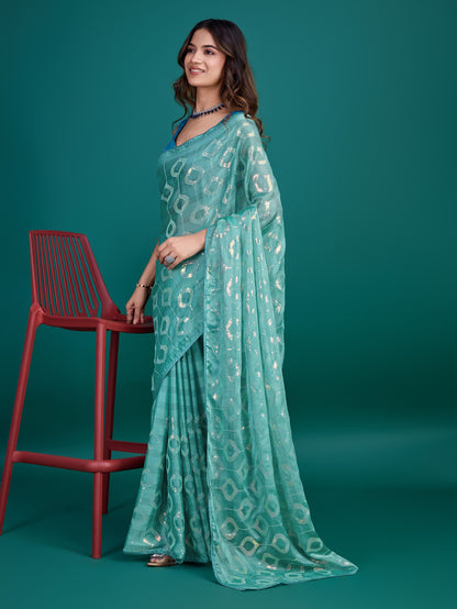 Ocean Blue and Green Self-Pattern Embroidered Saree