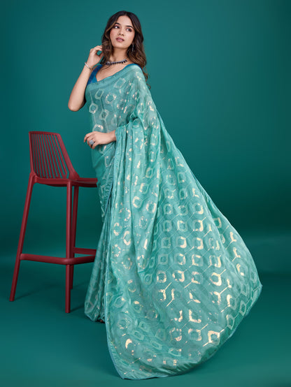 Ocean Blue and Green Self-Pattern Embroidered Saree