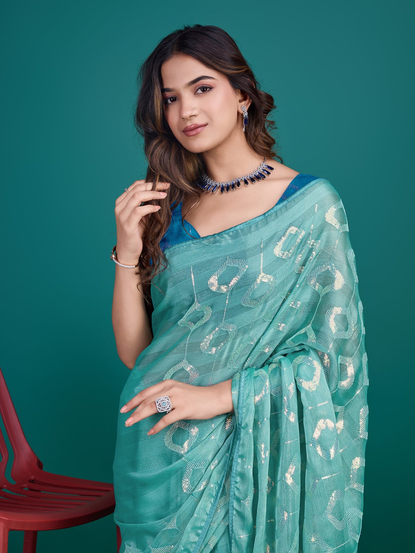 Ocean Blue and Green Self-Pattern Embroidered Saree