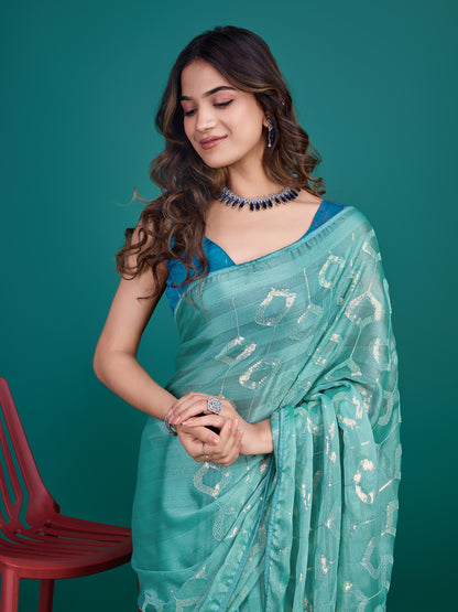 Ocean Blue and Green Self-Pattern Embroidered Saree