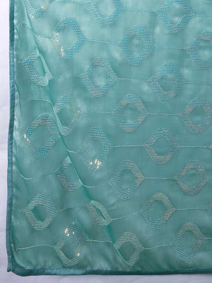 Ocean Blue and Green Self-Pattern Embroidered Saree