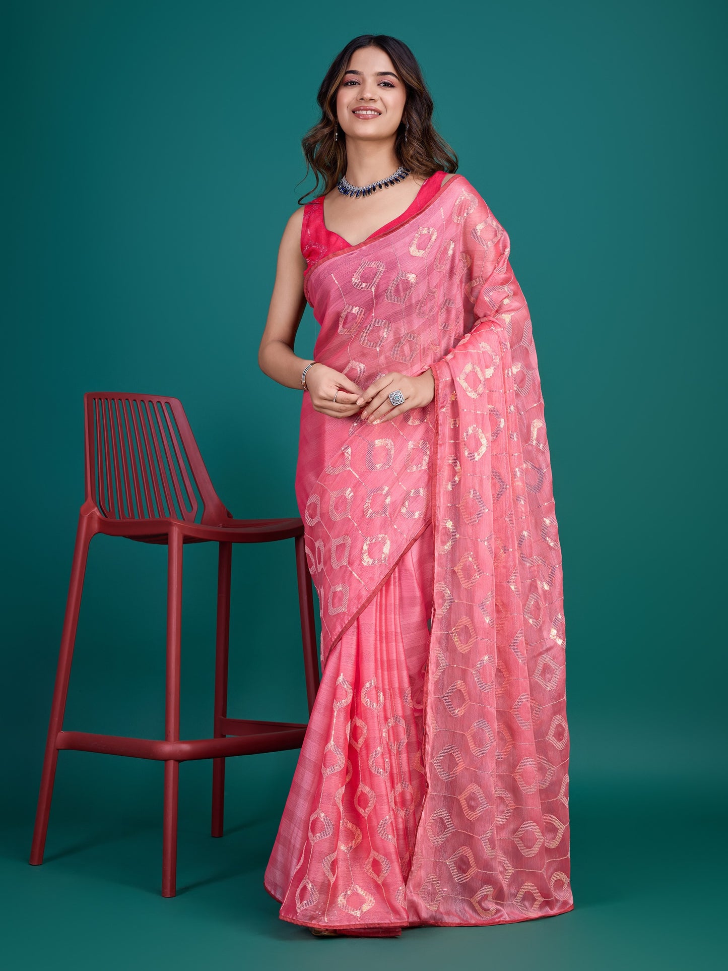 Pink Self-Pattern Embroidered Saree