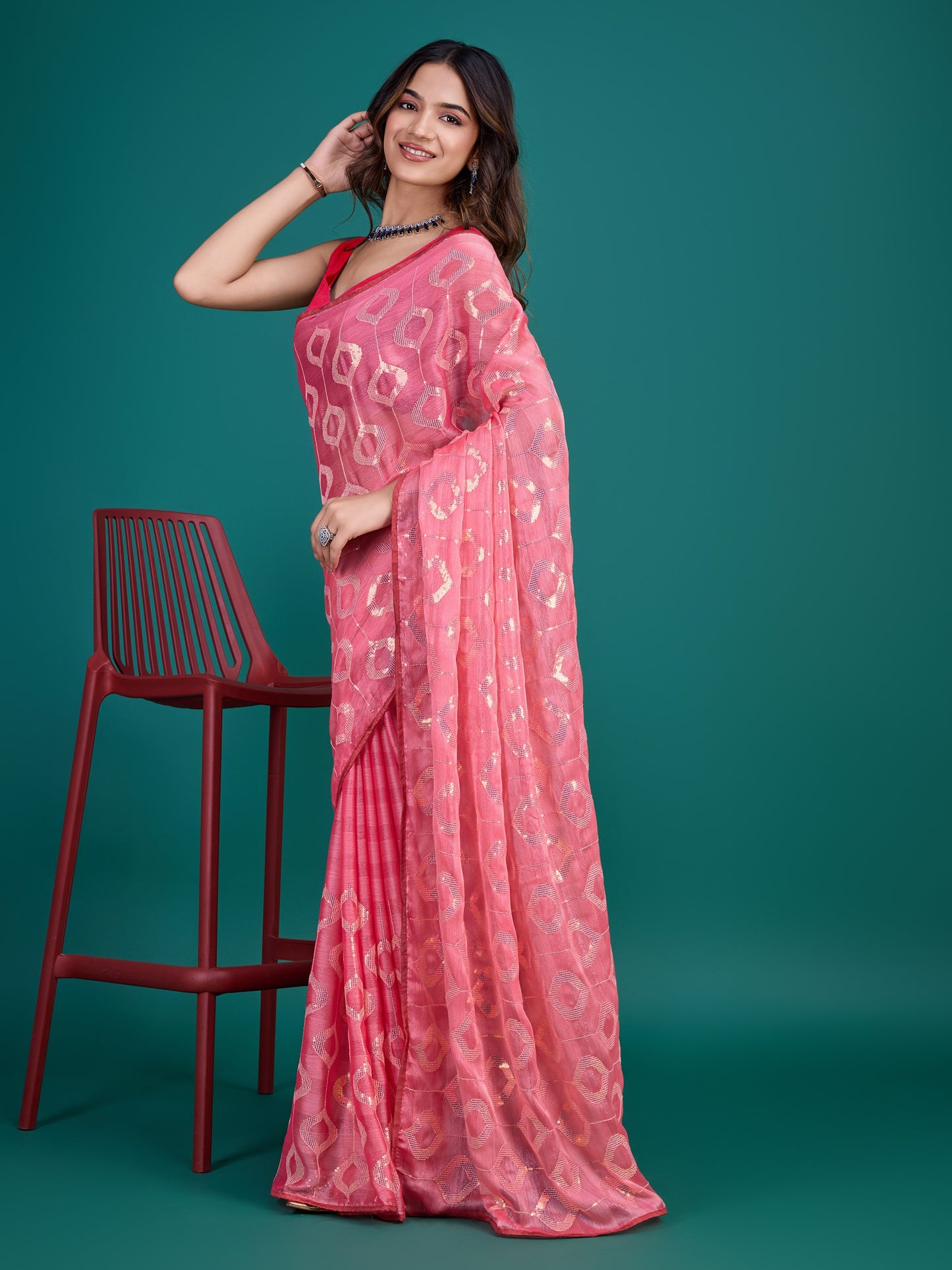 Pink Self-Pattern Embroidered Saree