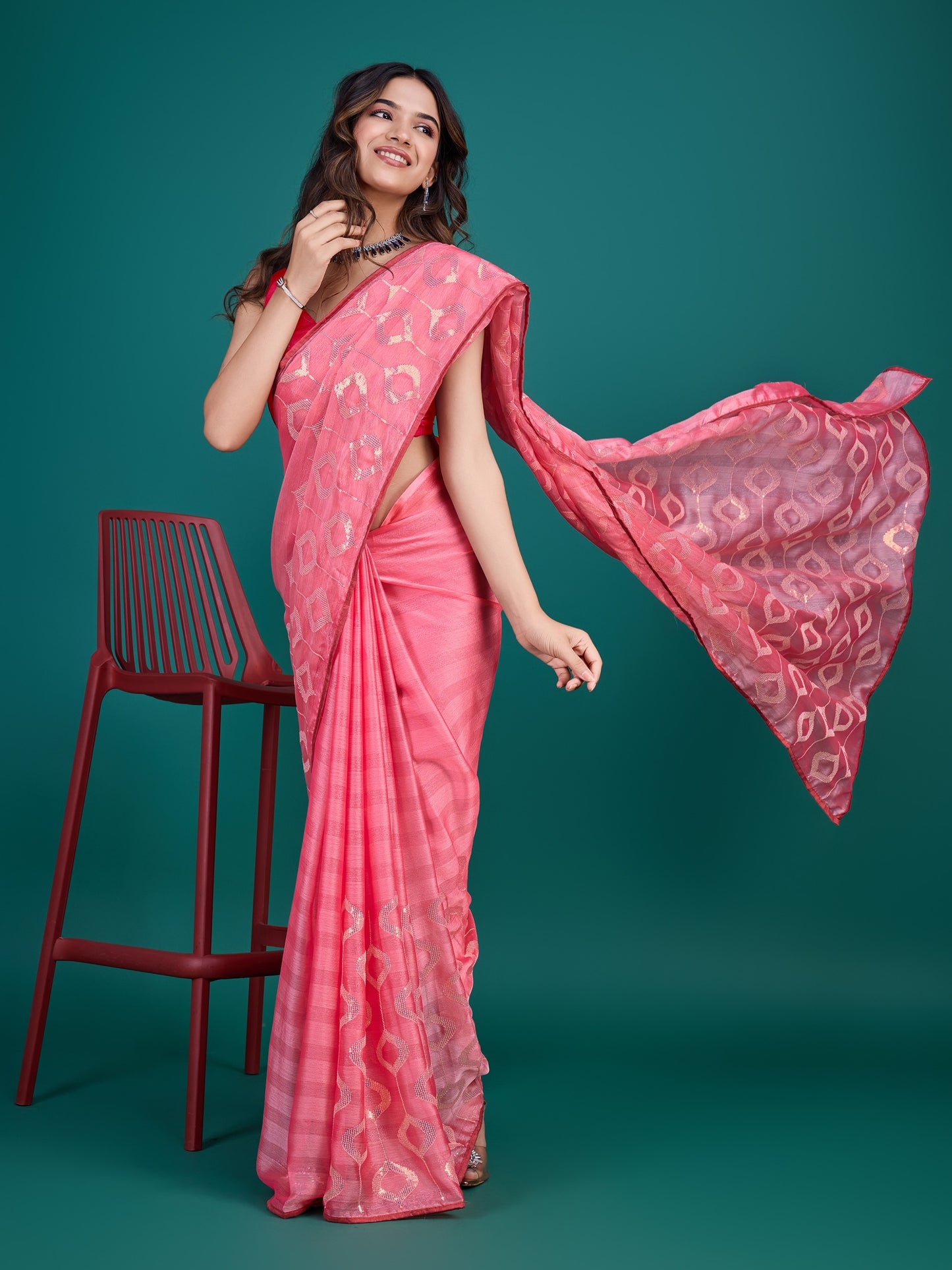 Pink Self-Pattern Embroidered Saree