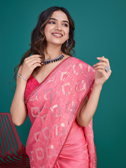 Pink Self-Pattern Embroidered Saree