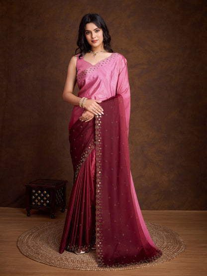 Pink Two-Tone Shaded Chinnon Saree