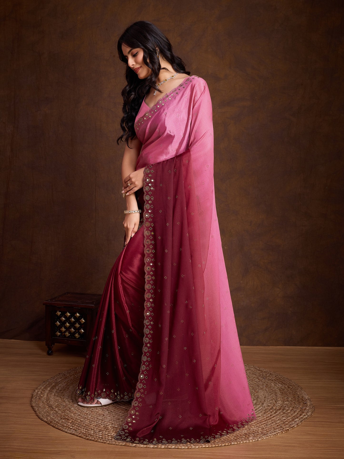 Pink Two-Tone Shaded Chinnon Saree