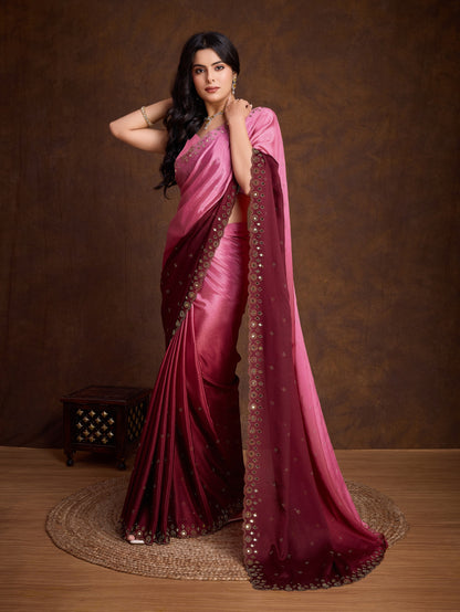 Pink Two-Tone Shaded Chinnon Saree