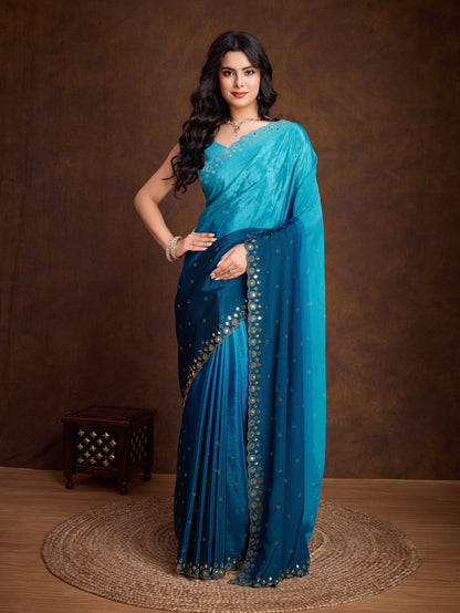 Ocean Blue Two-Tone Shaded Chinnon Saree