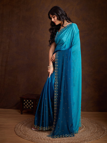 Ocean Blue Two-Tone Shaded Chinnon Saree