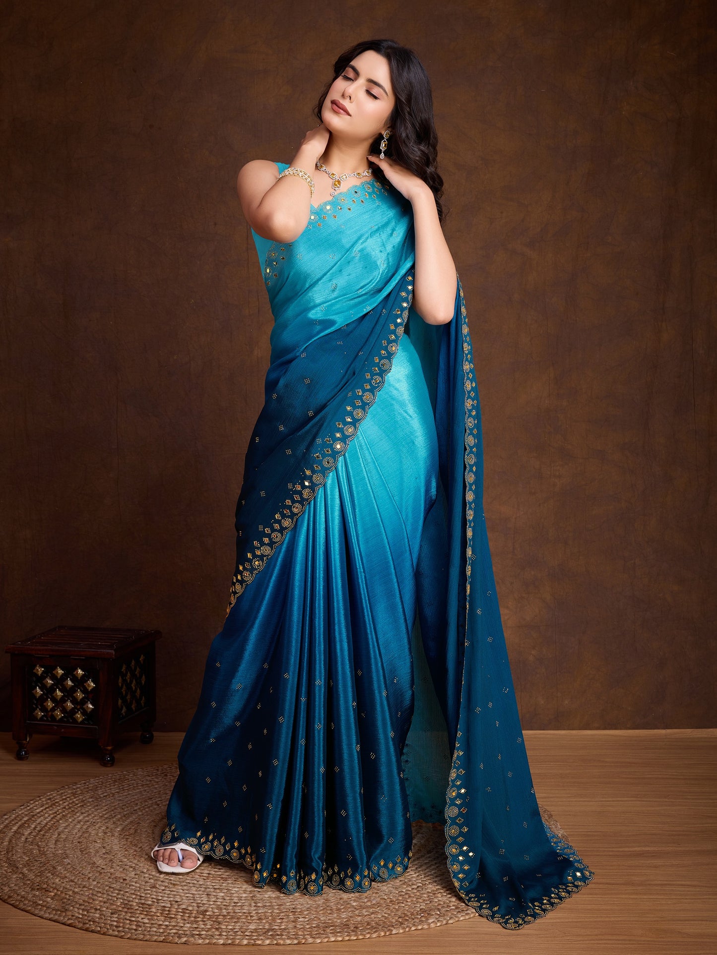 Ocean Blue Two-Tone Shaded Chinnon Saree