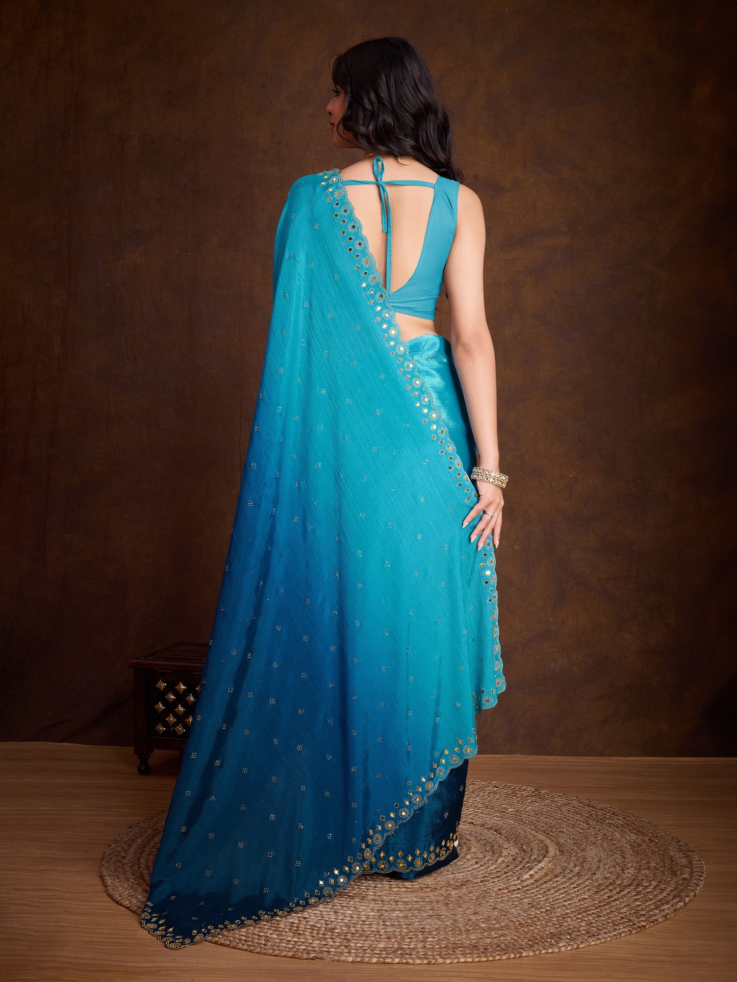 Ocean Blue Two-Tone Shaded Chinnon Saree