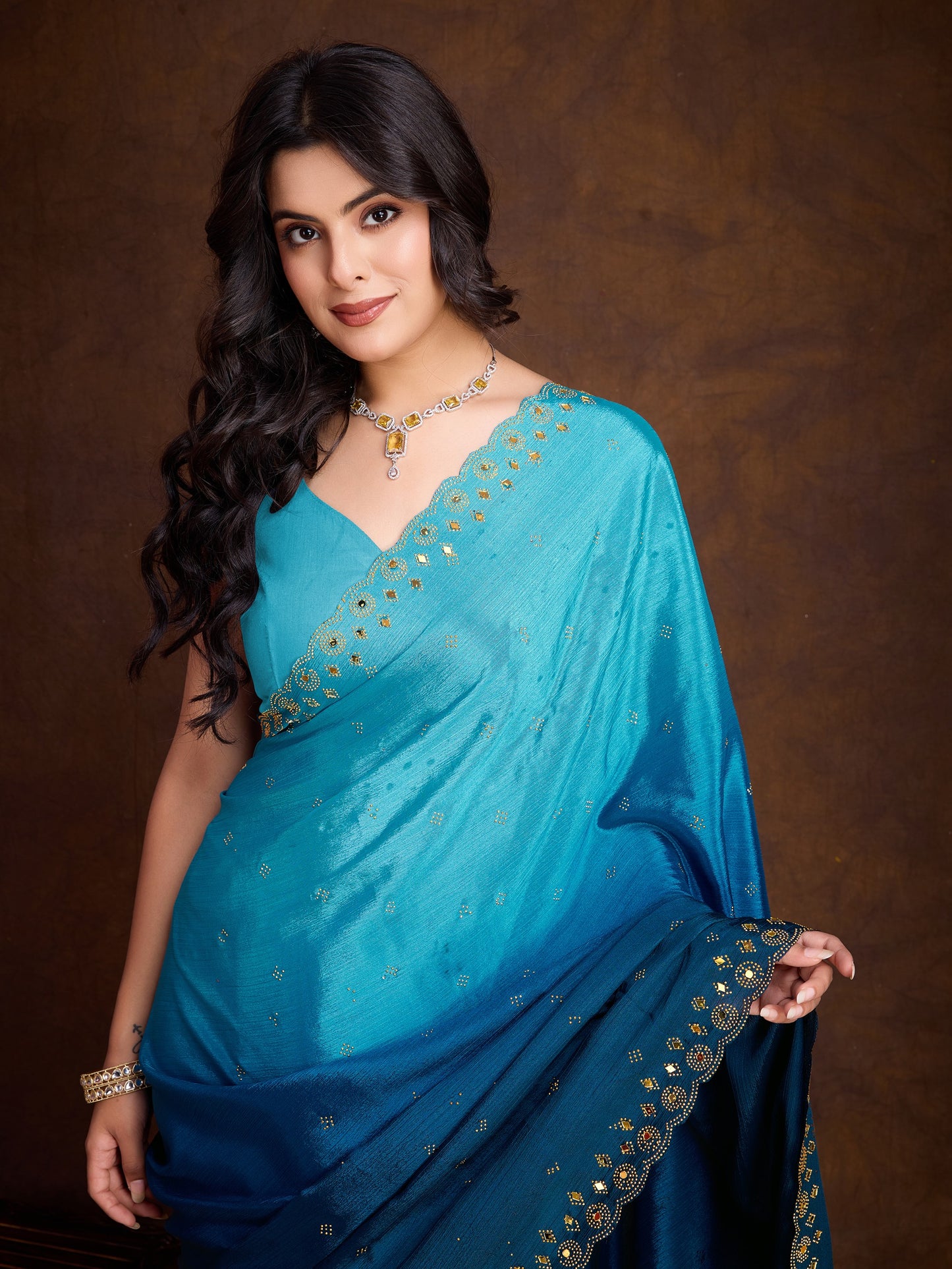 Ocean Blue Two-Tone Shaded Chinnon Saree