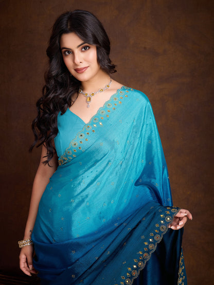 Ocean Blue Two-Tone Shaded Chinnon Saree