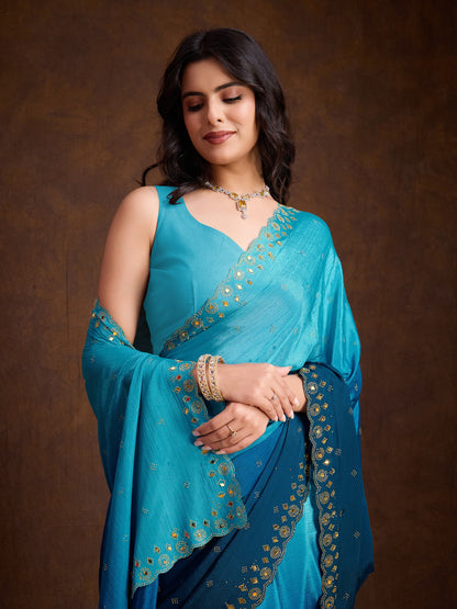 Ocean Blue Two-Tone Shaded Chinnon Saree