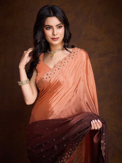 Peach and Brown Two-Tone Shaded Chinnon Saree