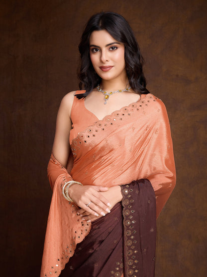 Peach and Brown Two-Tone Shaded Chinnon Saree