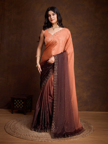 Peach and Brown Two-Tone Shaded Chinnon Saree