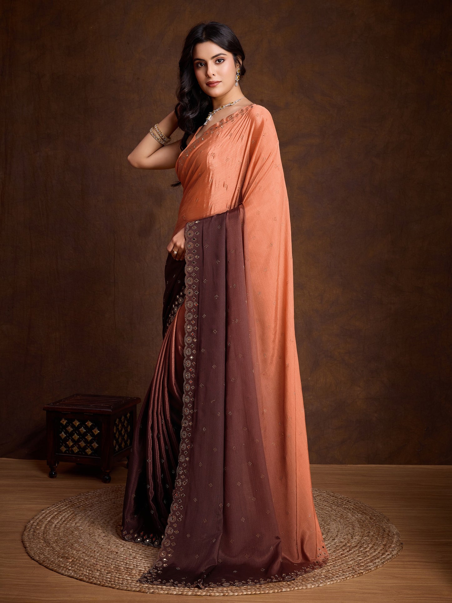 Peach and Brown Two-Tone Shaded Chinnon Saree