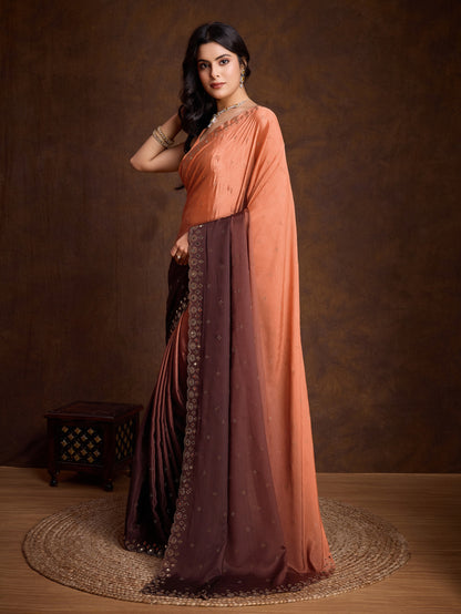 Peach and Brown Two-Tone Shaded Chinnon Saree