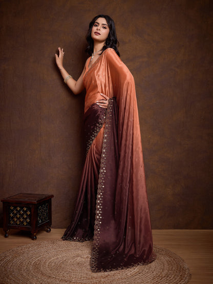 Peach and Brown Two-Tone Shaded Chinnon Saree