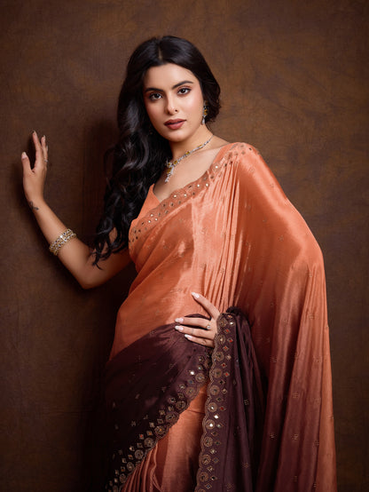 Peach and Brown Two-Tone Shaded Chinnon Saree