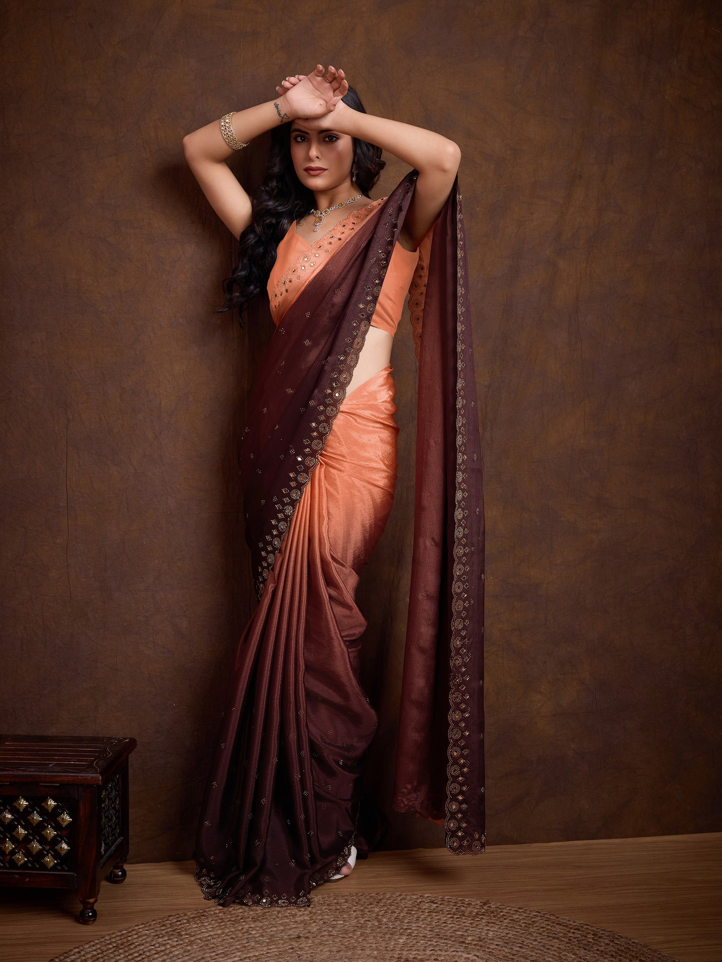 Peach and Brown Two-Tone Shaded Chinnon Saree