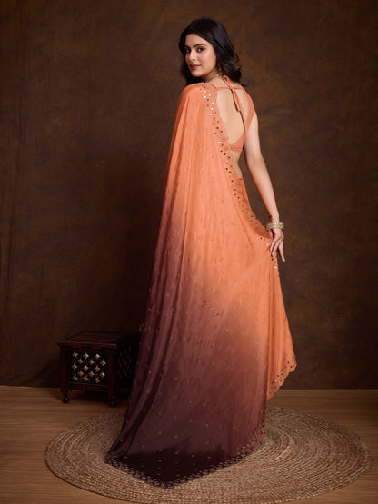 Peach and Brown Two-Tone Shaded Chinnon Saree