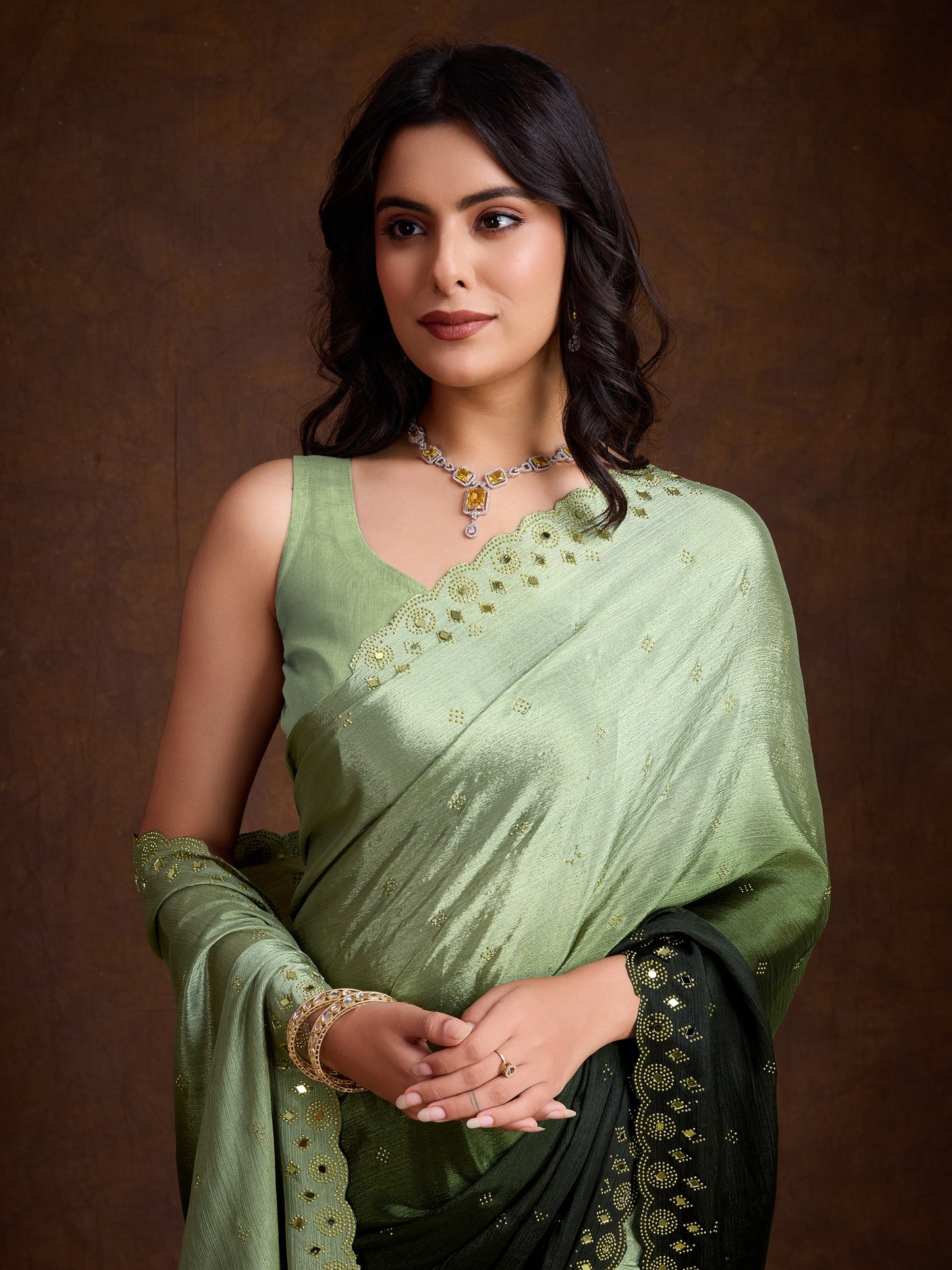 Green Two-Tone Shaded Chinnon Saree