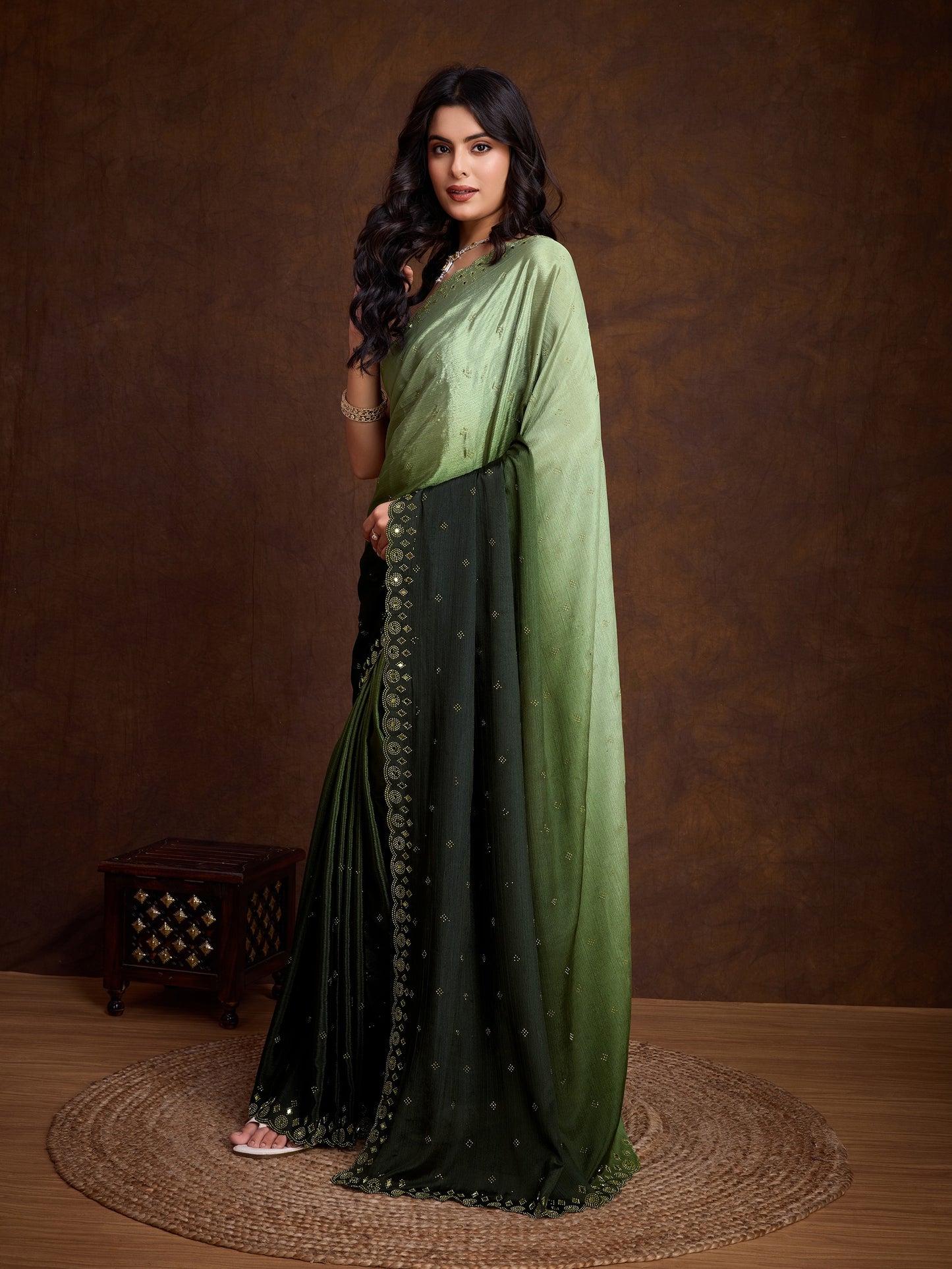 Green Two-Tone Shaded Chinnon Saree