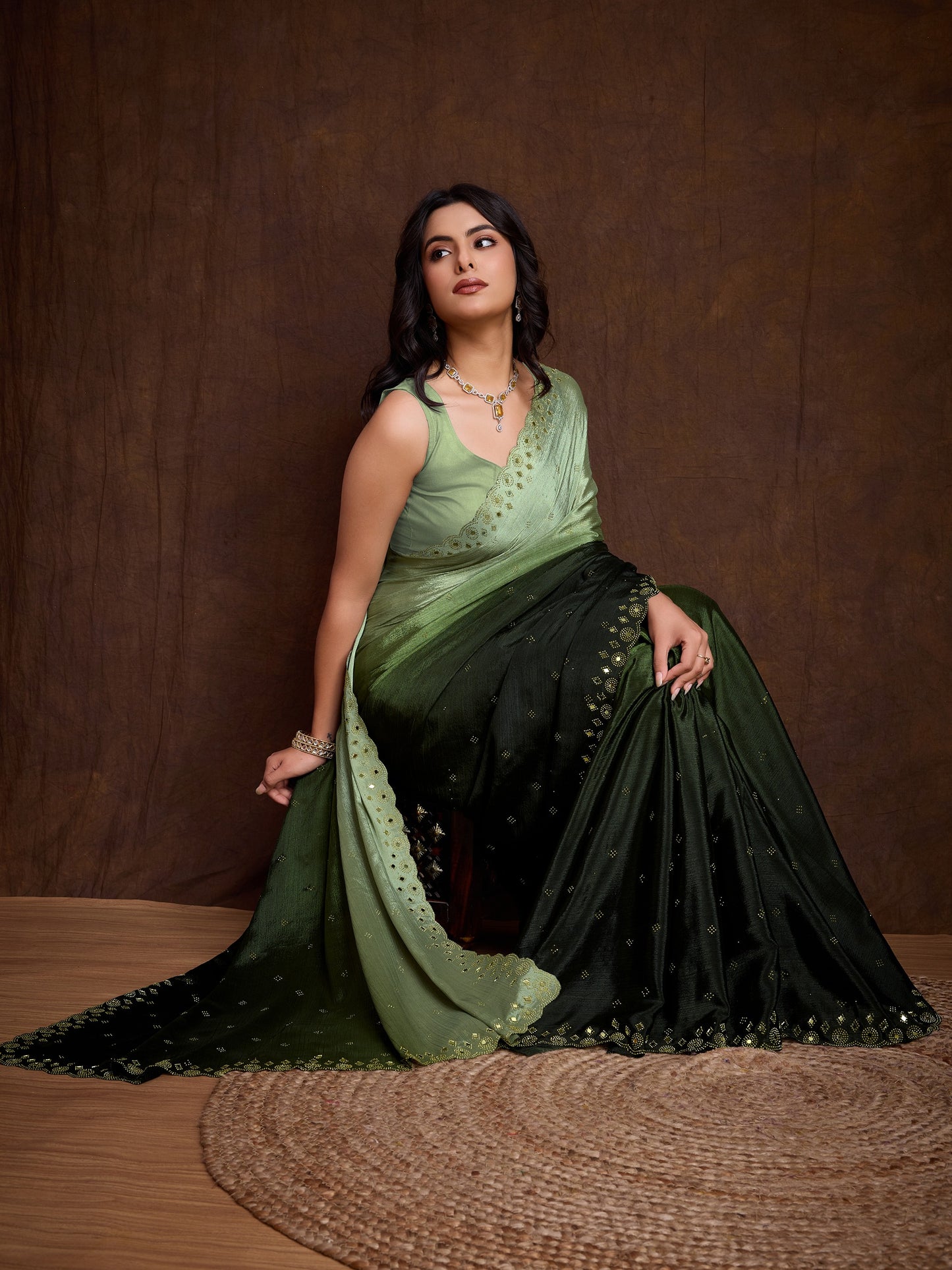 Green Two-Tone Shaded Chinnon Saree