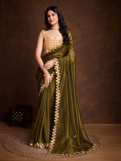 Mehendi Green Gold-Infused Twill Saree with Dual Blouse Options